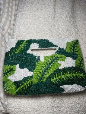 Beaded Tropical Leaf Handbag Clutch in Green and White